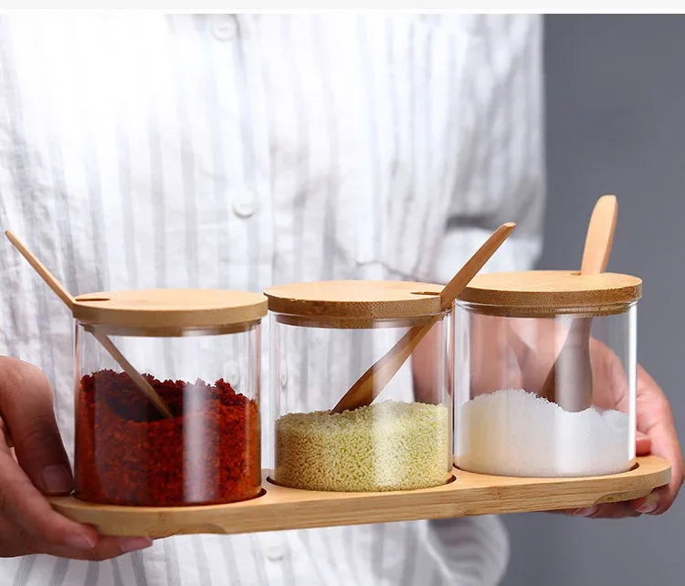 Kitchen Glass Condiment Jars Set Clear Spice Salt Container with Tray Coffee Beans Organizer Bottle Dust-Proof Seasoning Bottle