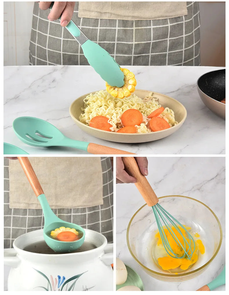 12PCS Silicone Kitchenware Non-Stick Cookware Kitchen Utensils Set Spatula Shovel Egg Beaters Wooden Handle Cooking Tool Set Hot