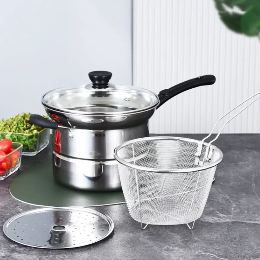 Kitchen Cookware Stainless Steel Deep Fryer Pot with Frying Basket and Steamer Japanese Pasta Pot Visible Lid Stockpot Noodle