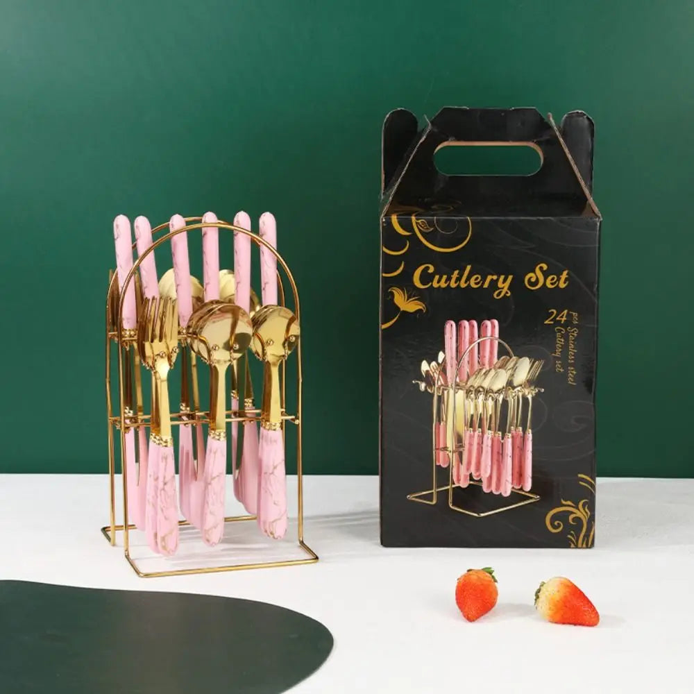 Fashion 24pcs Cutlery Set Stainless Steel Metal Gift Tableware Forks Spoons Kits Dinnerware Home School Kitchen
