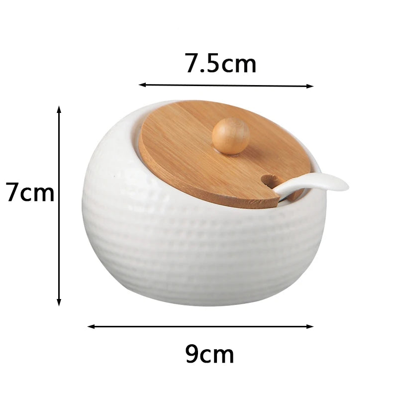Ceramic Seasoning Jars with Wooden Lid Salt Shakers Kitchen Supplies White Spice Organizer Canister Spoon Set White Sugar Box