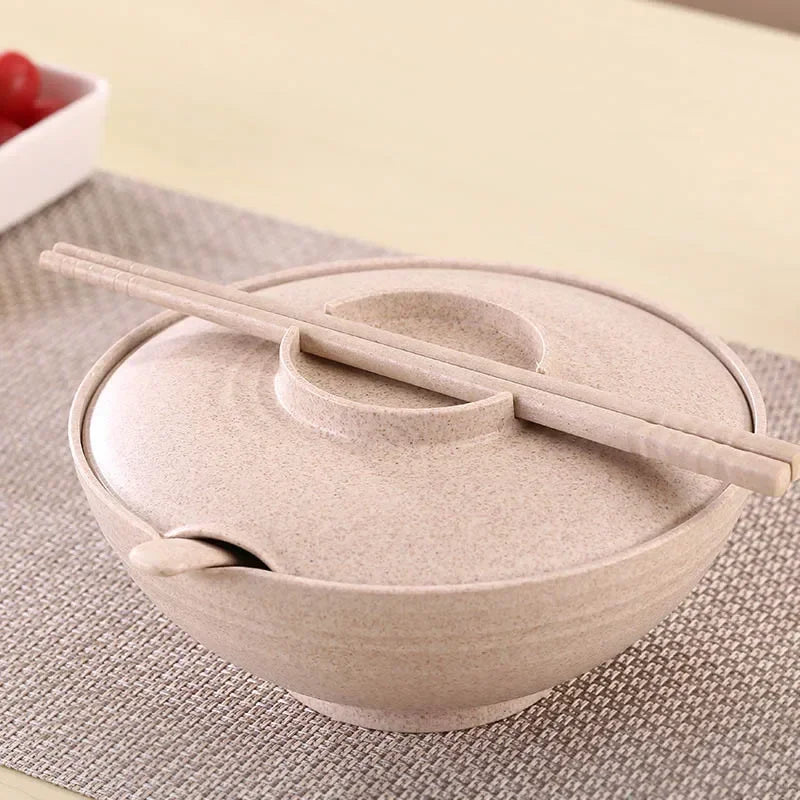 Household Tableware Set for instant food - 3pcs Wheat Straw Bowl, instant noodles bowl With Lid, Spoons and Chopsticks