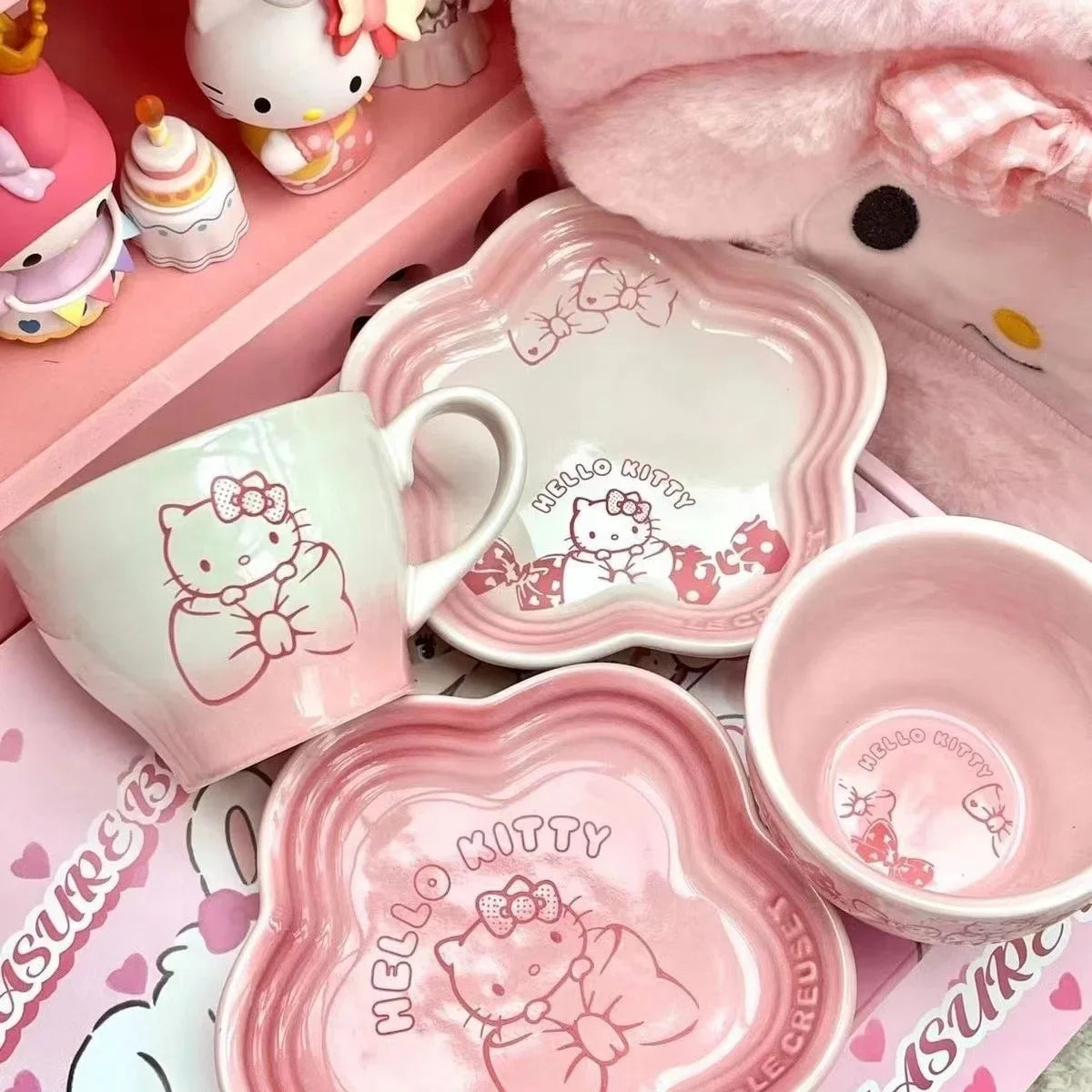 Cartoon Kitty Children Tableware Set Pink Ceramic Dinner Plate Dish Plate Tea Cup Cat Plate Cute Meal Kitchen Home Household