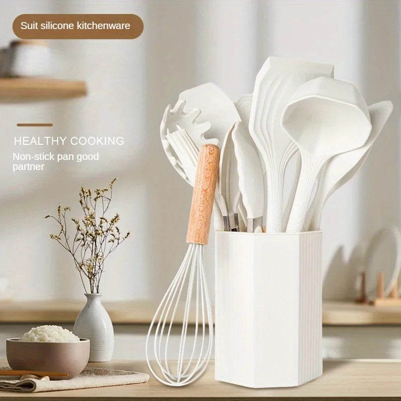 1Set of Silicone Kitchen Utensils with Wooden Handles,equipped with Storage Buckets for Easy Storage and A Cleaner Kitchen