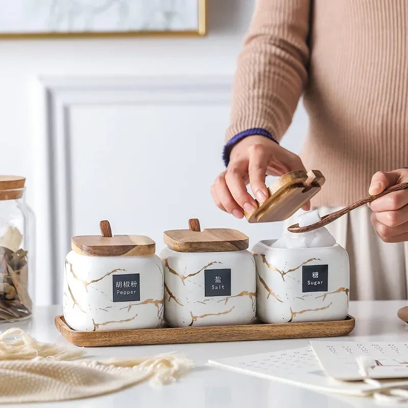 Japanese kitchen matte seasoning jar set, marble ceramic household combination seasoning box, salt and sugar, seasoning bottle.