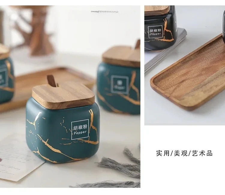 Japanese kitchen matte seasoning jar set, marble ceramic household combination seasoning box, salt and sugar, seasoning bottle.