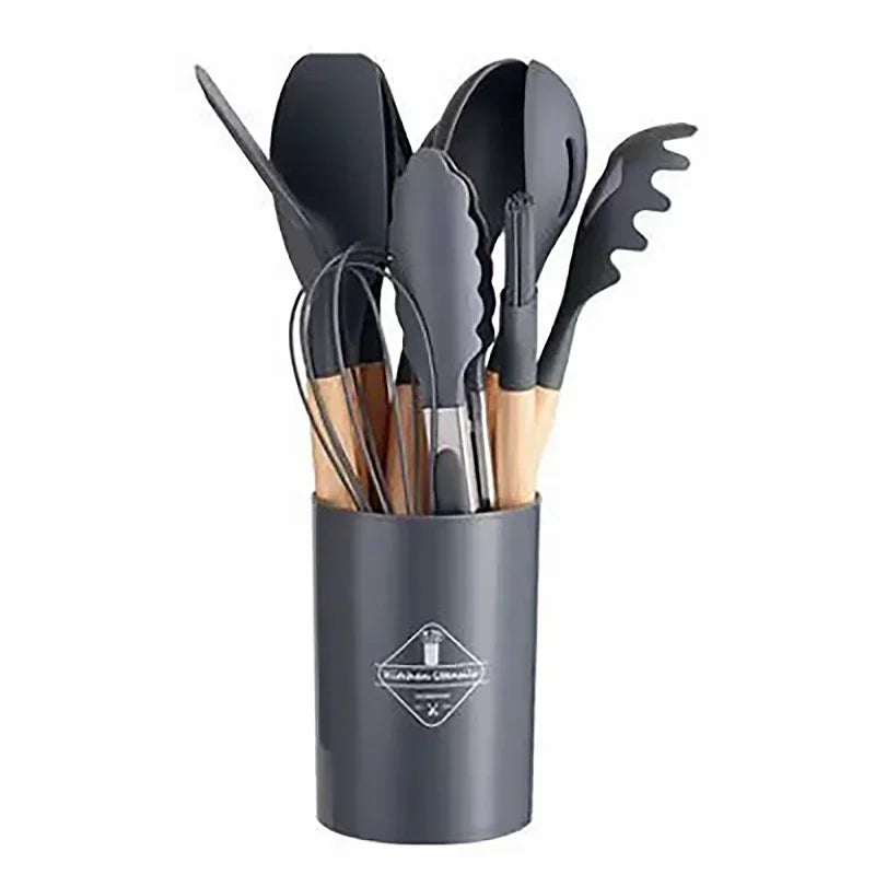 12Pcs/Set Silicone Kitchen Utensils With Storage Wooden Handle Bucket High Temperature Resistant And Non Stick Pot Spatula Spoon