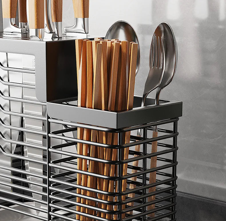 Kitchen Knife Holders Storage Rack Household Stainless Stee Countertop Knife Spoon Chopstick Holder With Drain Tray