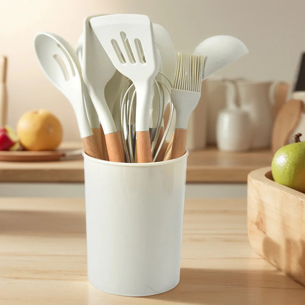 12Pcs Kitchen Utensil Set Silicone Spatula Set Wooden Handle Heat-Resistant Cookware Spatula Spoon Brush Whisk for Home Kitchen