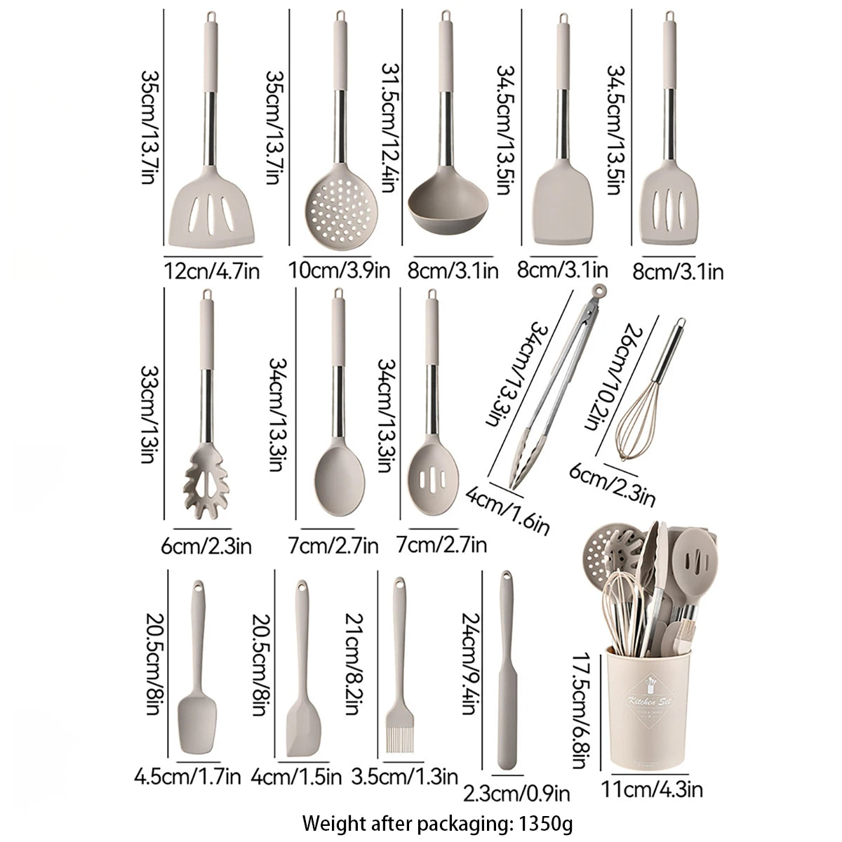 15pcs Silicone Kitchenware Set Stainless Steel Handle Cooking Utensils Spatula Spoon Food Clip Kitchen Tool with Storage Bucket