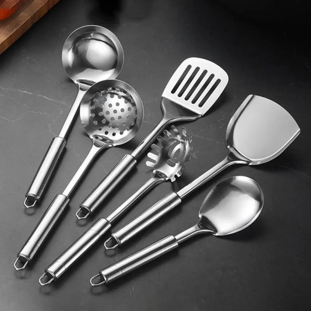 9Pcs Household Stainless Steel Kitchen Cooking Utensils Set Long Handle Durable Cooking Spatula Set Rust-proof Shovel Set Pasta