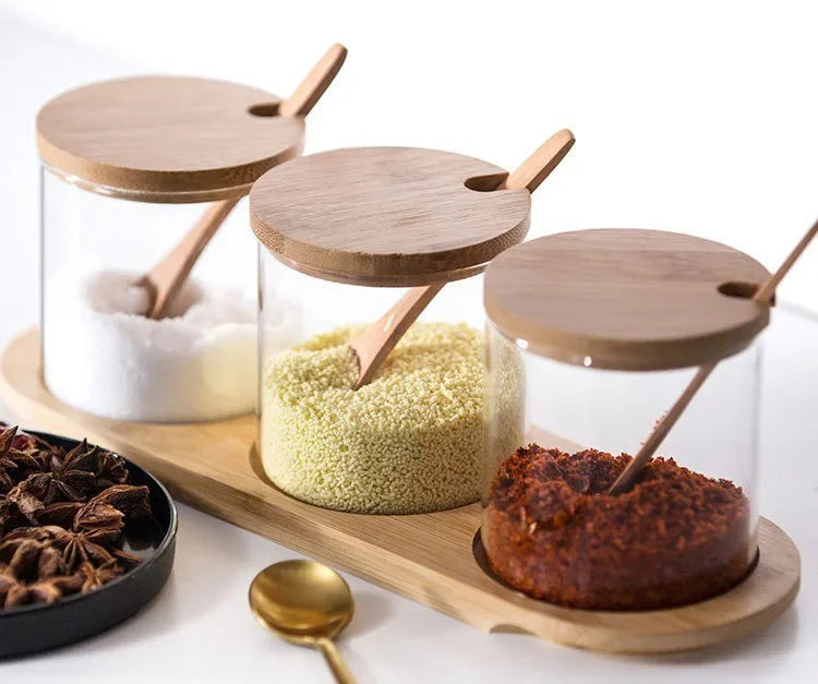 Kitchen Glass Condiment Jars Set Clear Spice Salt Container with Tray Coffee Beans Organizer Bottle Dust-Proof Seasoning Bottle