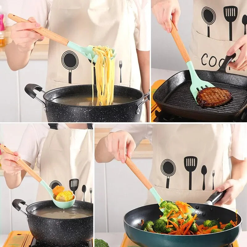 12PCS/Set Premium Quality Silicone Kitchen Utensils Set with Wood Handle and Storage Bucket Kitchen Tools Cooking Accessories