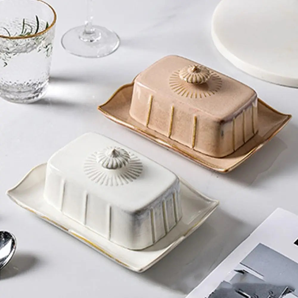 European Kitchen Utensils Ceramic Butter Dish Exquisite Rectangular Dim Sum Dish Household with Cover Storage Tray Hotel