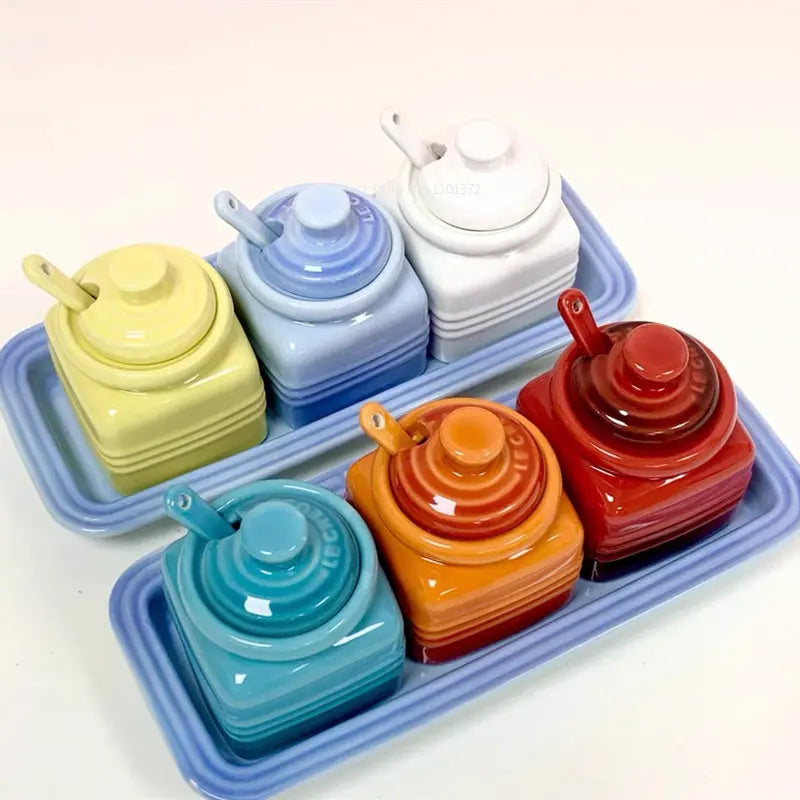 European Style Kitchen Spice Organizer Creative Ceramic Spice Jar with Spoon Gift Box Set Jam Storage Jar with Lid Spice Rack