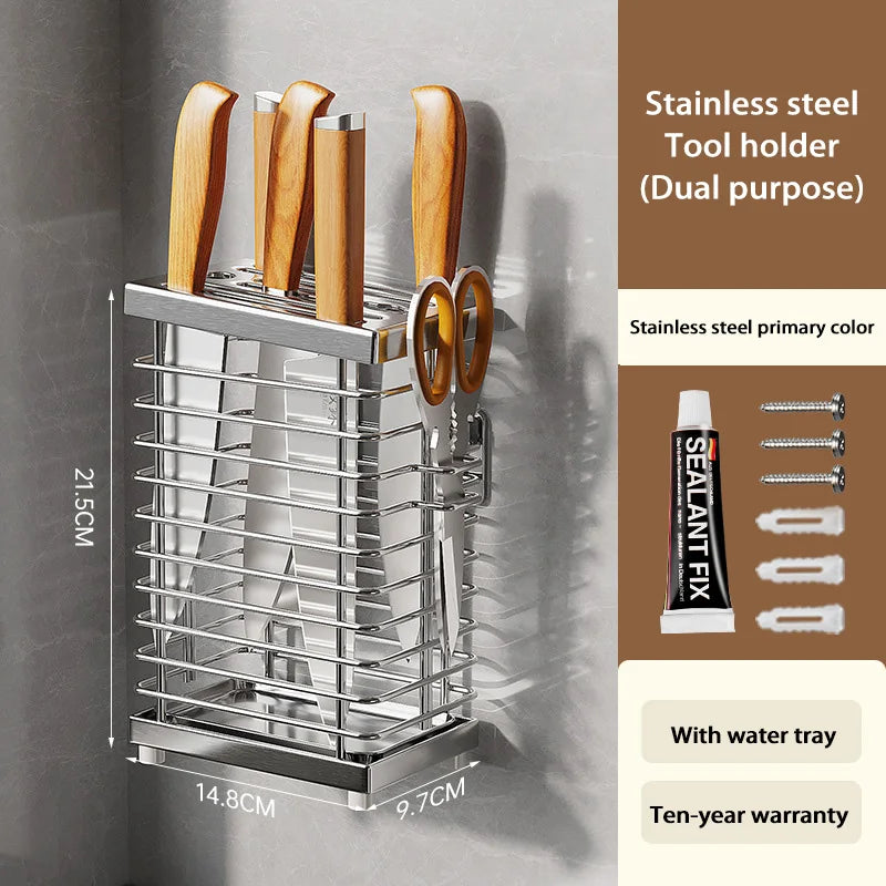 Kitchen Knife Holders Storage Rack Household Stainless Stee Countertop Knife Spoon Chopstick Holder With Drain Tray