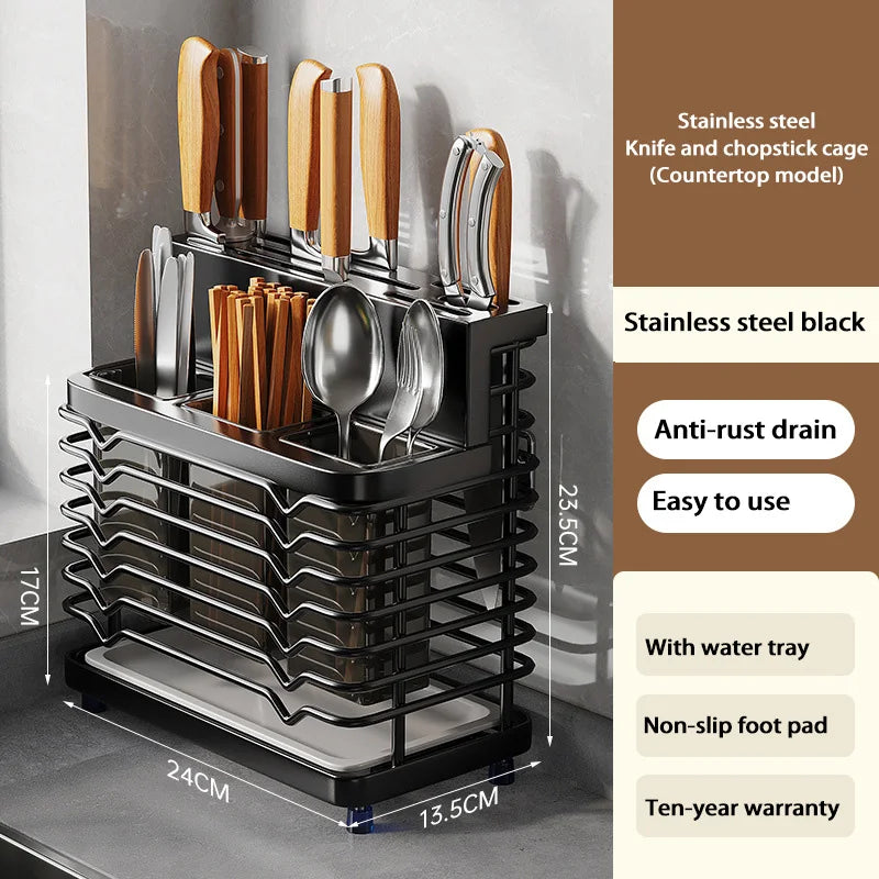 Kitchen Knife Holders Storage Rack Household Stainless Stee Countertop Knife Spoon Chopstick Holder With Drain Tray