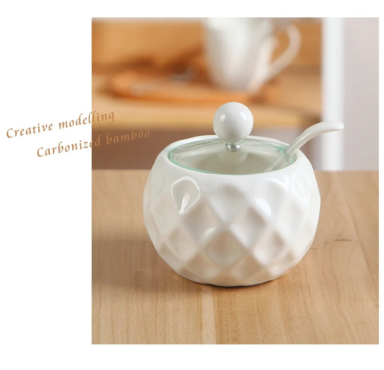 Ceramic Seasoning Jars with Wooden Lid Salt Shakers Kitchen Supplies White Spice Organizer Canister Spoon Set White Sugar Box