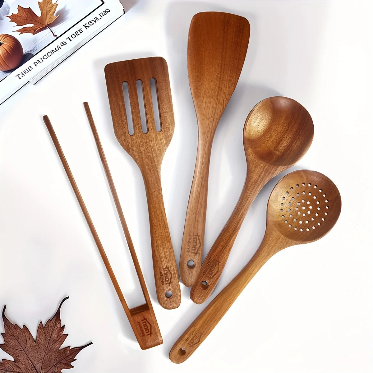 5pcs Premium Wooden Kitchen Utensils Set - Ergonomic Handles, Natural Wooden Spoons, Spurtle, Ladle, And Wok Spatulas