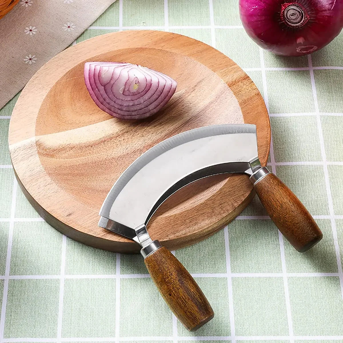 Kitchen pizza knife Stainless steel rocker chopper Slicer cutter Bending double blade salad vegetable meat chopper Kitchen tool