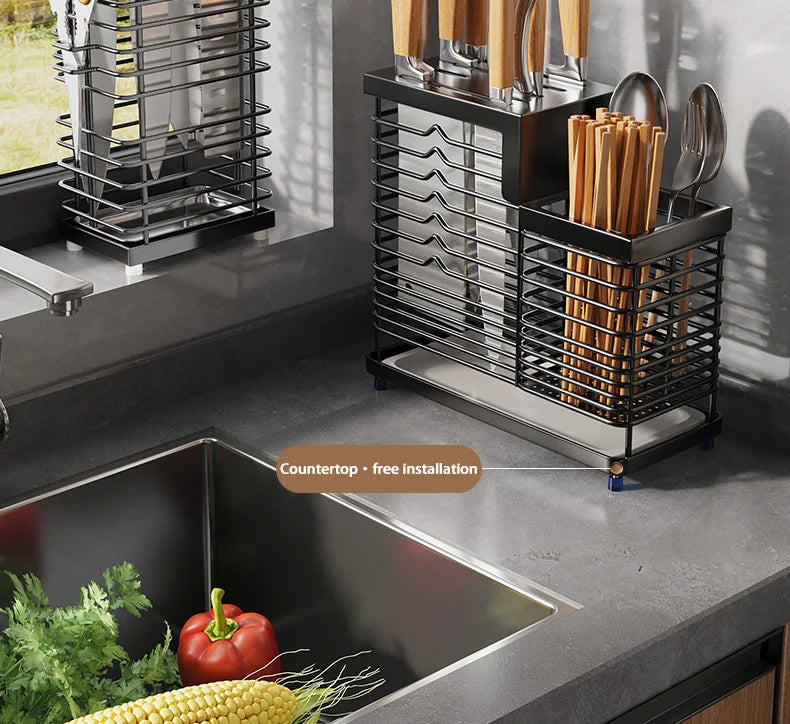 Kitchen Knife Holders Storage Rack Household Stainless Stee Countertop Knife Spoon Chopstick Holder With Drain Tray