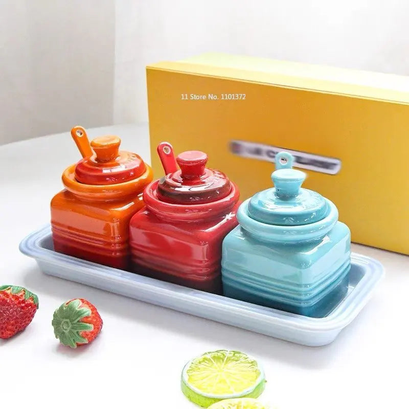European Style Kitchen Spice Organizer Creative Ceramic Spice Jar with Spoon Gift Box Set Jam Storage Jar with Lid Spice Rack