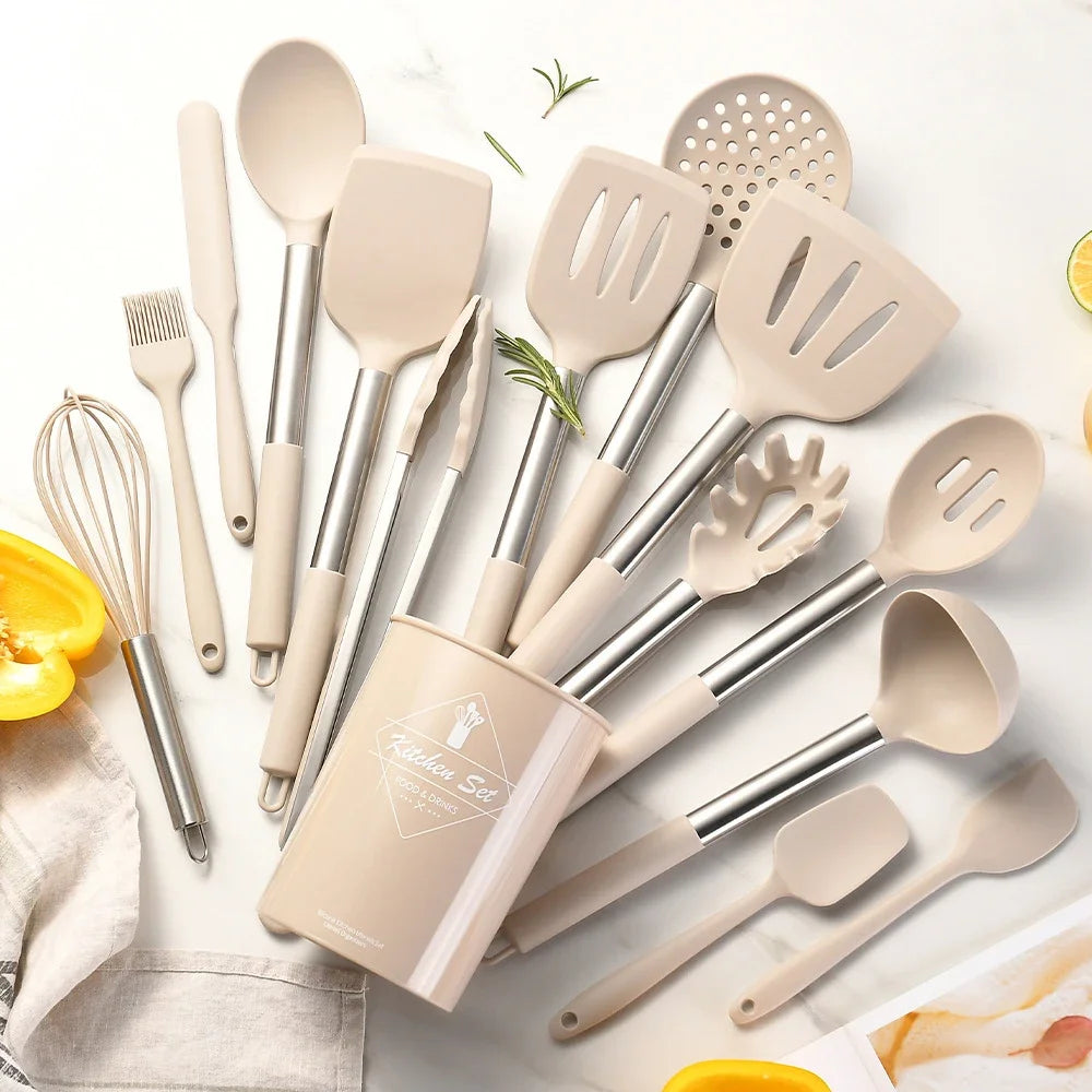 15Pcs Silicone Kitchen Utensils Non-Stick Spatula Shovel Cooking Tool Stainless Sttel Handle Kitchenware Set with Storage Bucket