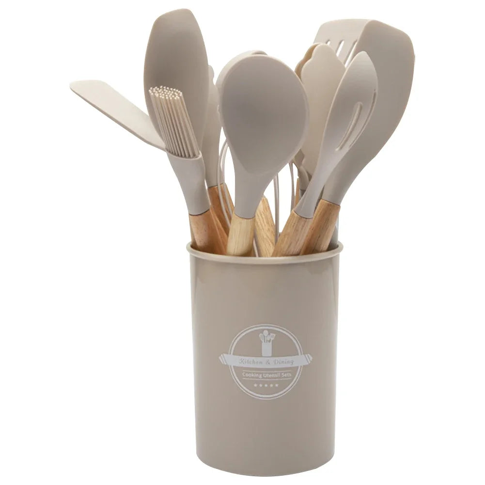 12Pcs Kitchen Utensil Set Silicone Spatula Set Wooden Handle Heat-Resistant Cookware Spatula Spoon Brush Whisk for Home Kitchen