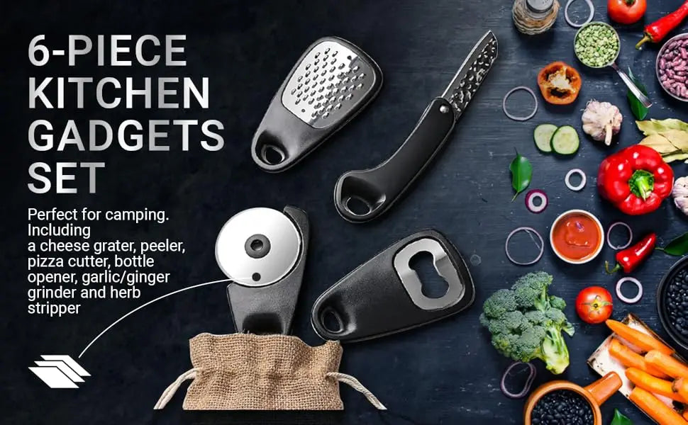 6Pcs Kitchen Gadgets Set Space Saving Cooking Tools Cheese Chocolate Grater, Fruit Vegetable Peeler, Bottle Opener, Pizza Cutter