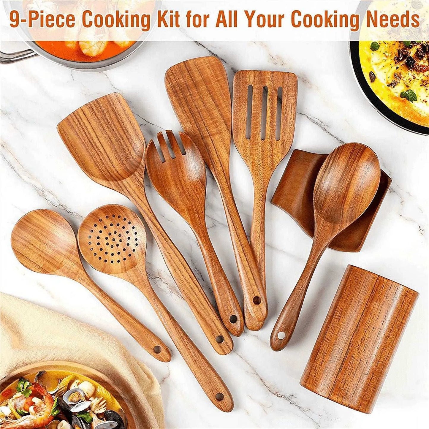 9pcs Natural Wood Kitchenware Set Skimmer Spoons Salad Scoop Kitchen Utensils Non Stick Rice Colander Soup Cooking Tools