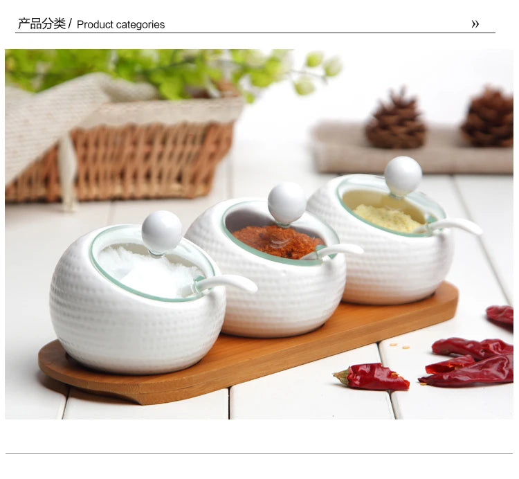 Ceramic Seasoning Jars with Wooden Lid Salt Shakers Kitchen Supplies White Spice Organizer Canister Spoon Set White Sugar Box