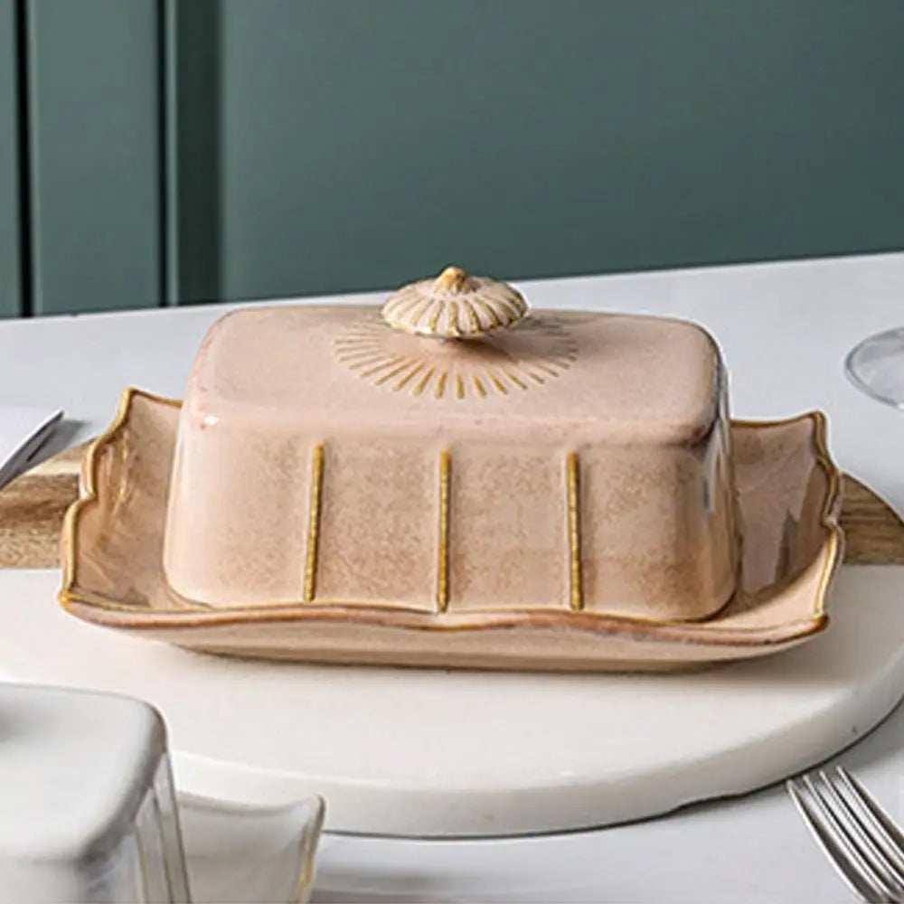 European Kitchen Utensils Ceramic Butter Dish Exquisite Rectangular Dim Sum Dish Household with Cover Storage Tray Hotel