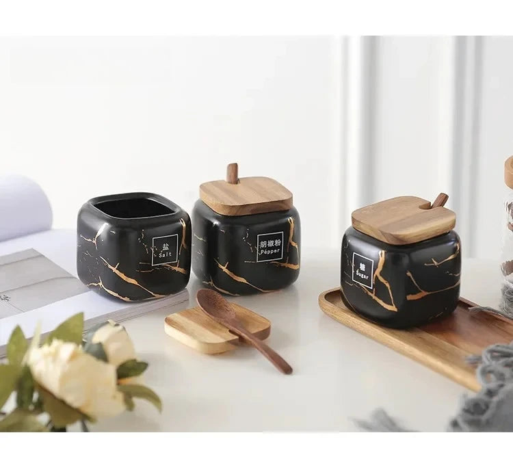 Japanese kitchen matte seasoning jar set, marble ceramic household combination seasoning box, salt and sugar, seasoning bottle.