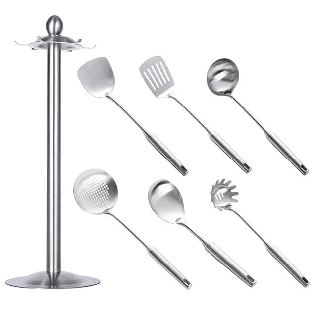 2-7Pcs Stainless Steel Kitchen Utensils Set, All Metal Cooking Tools - Spatula, Soup Ladle, Skimmer, Pasta Server, Large Spoon
