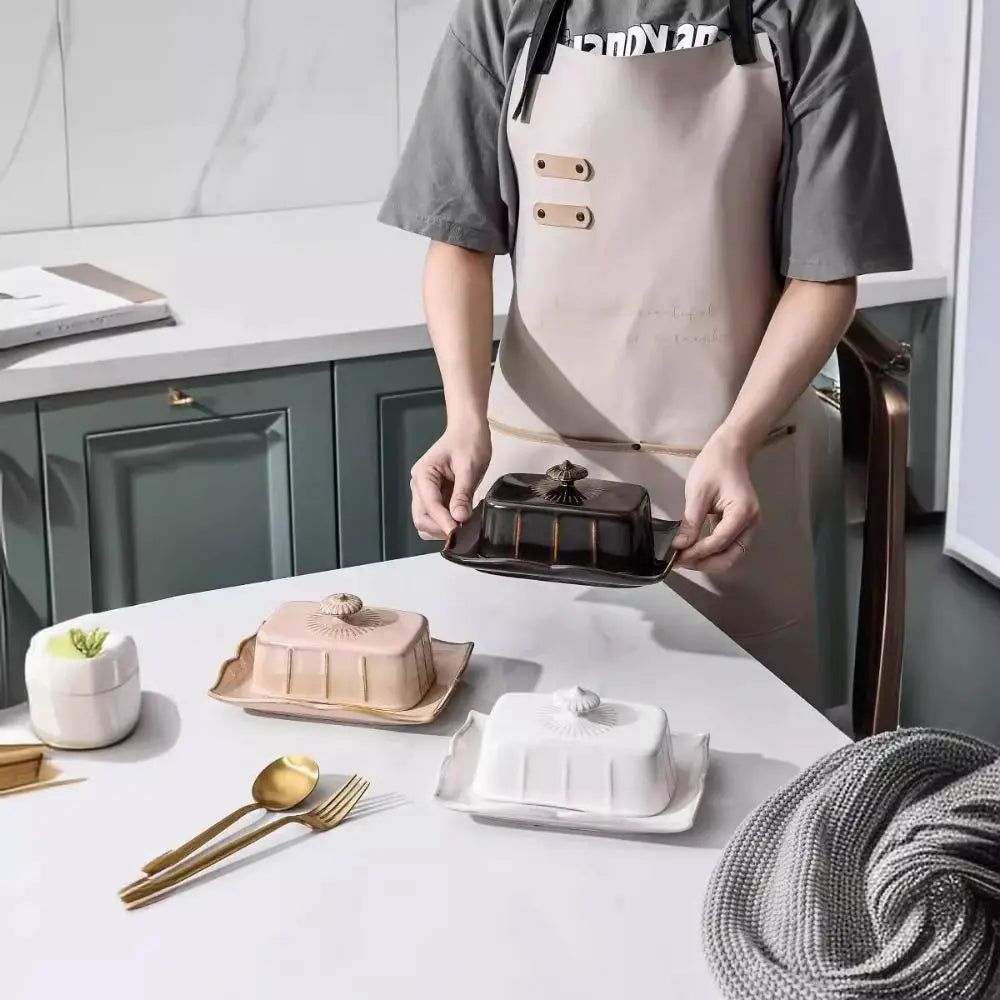 European Kitchen Utensils Ceramic Butter Dish Exquisite Rectangular Dim Sum Dish Household with Cover Storage Tray Hotel