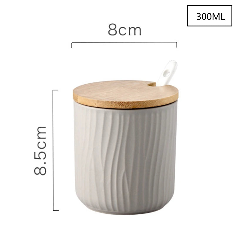 Ceramic Seasoning Jars with Wooden Lid Salt Shakers Kitchen Supplies White Spice Organizer Canister Spoon Set White Sugar Box
