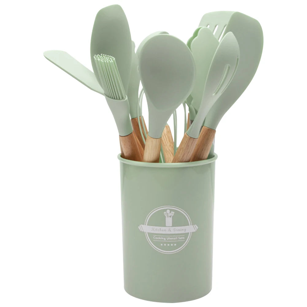 12Pcs Kitchen Utensil Set Silicone Spatula Set Wooden Handle Heat-Resistant Cookware Spatula Spoon Brush Whisk for Home Kitchen