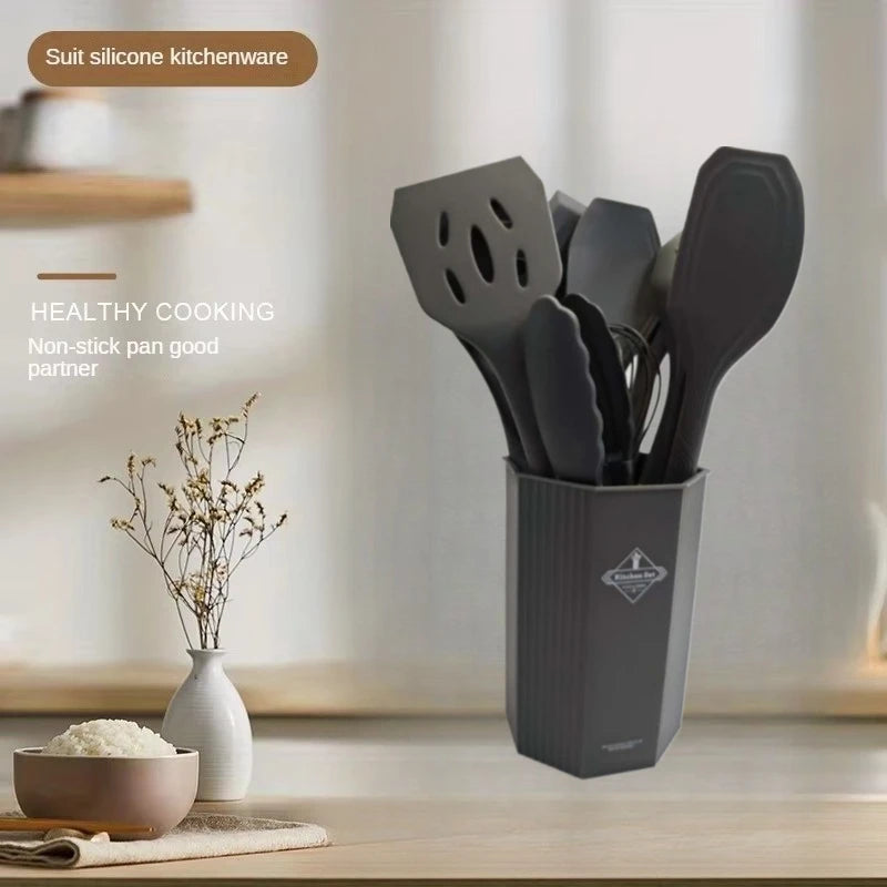 1Set of Silicone Kitchen Utensils with Wooden Handles,equipped with Storage Buckets for Easy Storage and A Cleaner Kitchen
