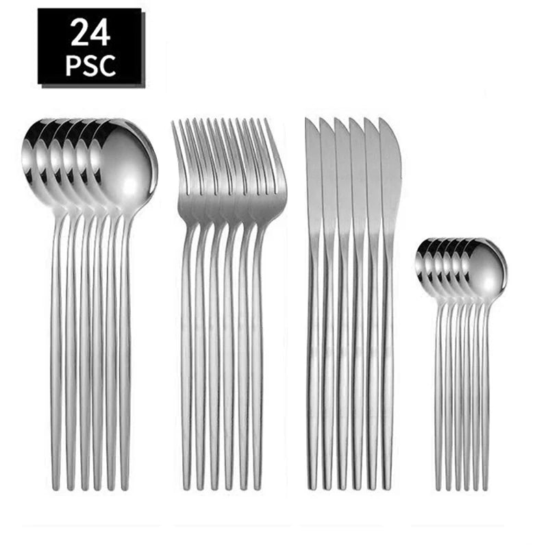 24pcs stainless steel tableware set, including knife, fork, spoon and tea spoon, suitable for outdoor travel.