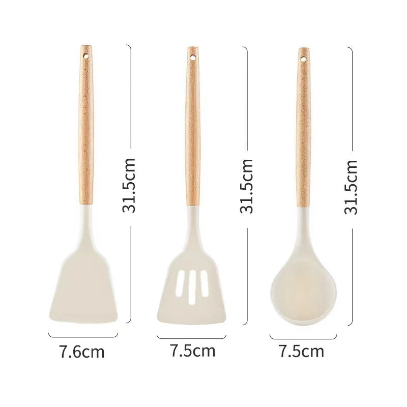3PCS Set of Kitchen Utensils Wooden Handle Silicone Cooking Utensils Non Stick Shovel Cooking Utensils Rice Scoop Baking Tools