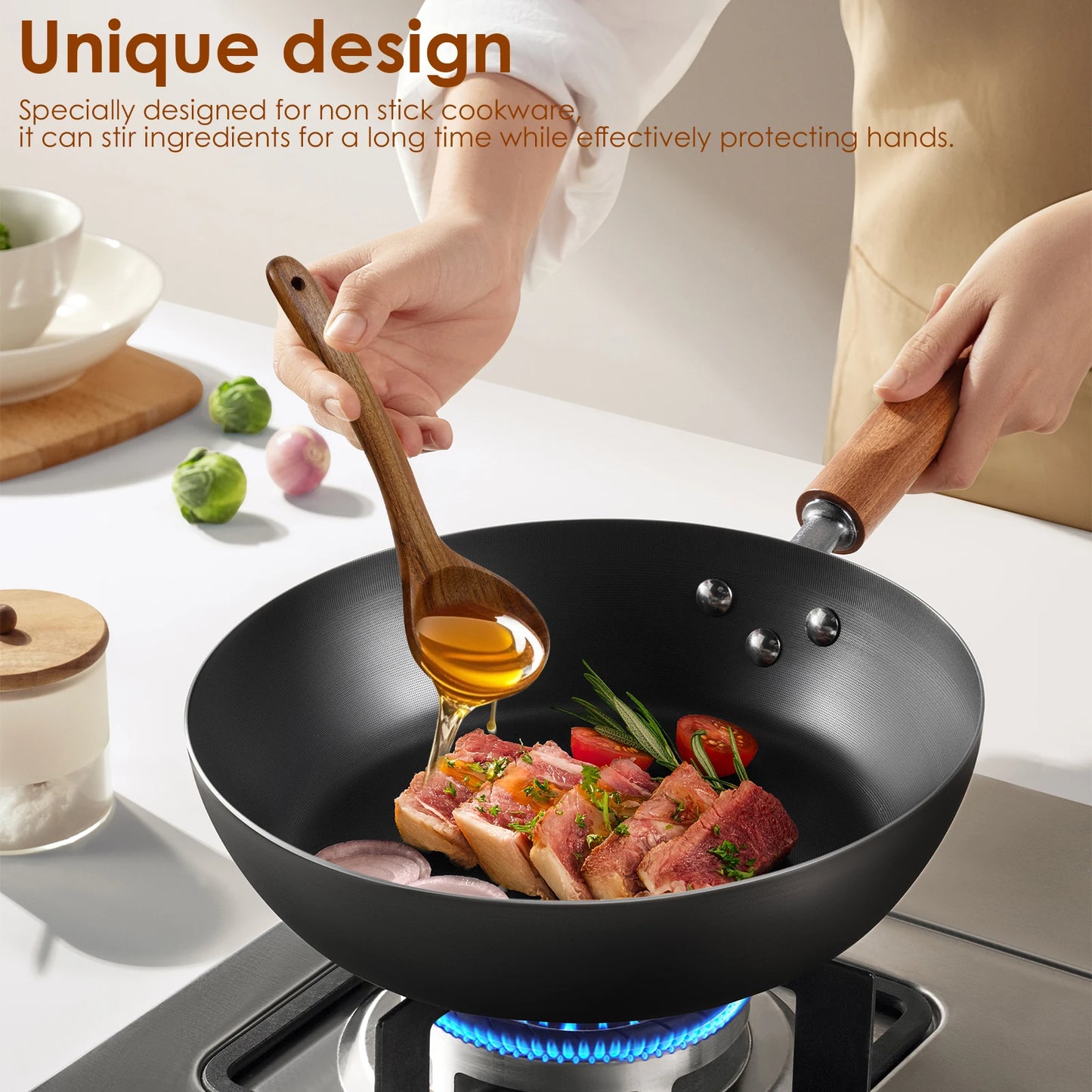 10Pcs Wooden Kitchen Utensils Set Frying Spatula Solid Wood High Temperature Resistant Soup Spoon Non-stick Stir-Fry Shovel