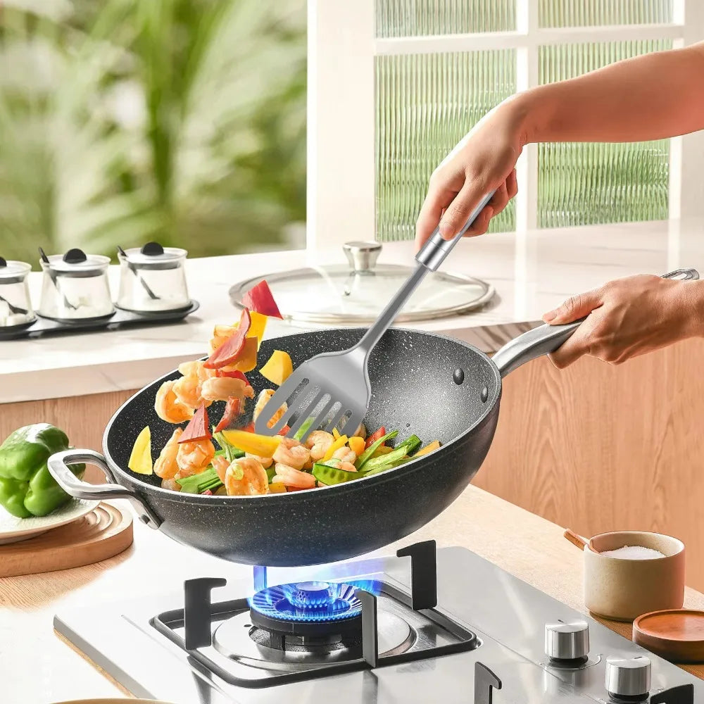 9Pcs Household Stainless Steel Kitchen Cooking Utensils Set Long Handle Durable Cooking Spatula Set Rust-proof Shovel Set Pasta