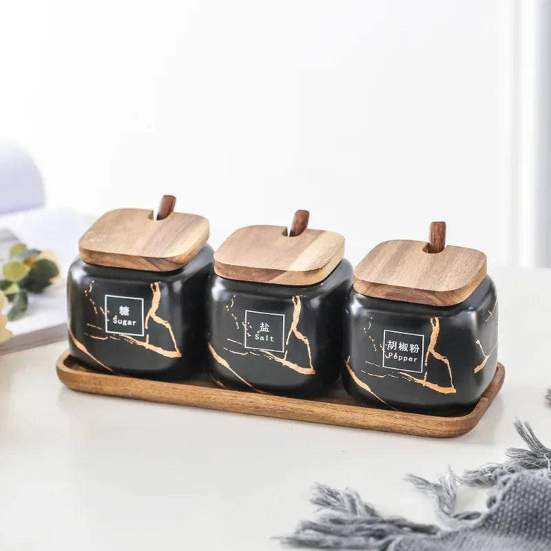 Japanese kitchen matte seasoning jar set, marble ceramic household combination seasoning box, salt and sugar, seasoning bottle.