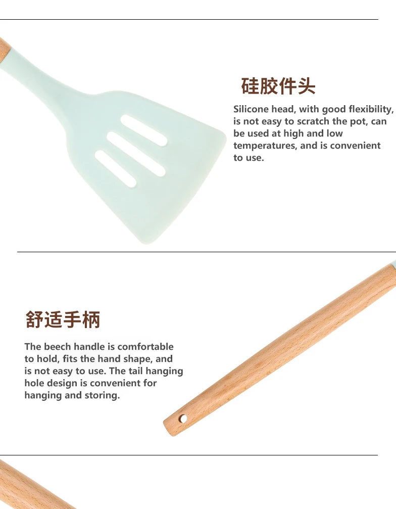 12PCS Silicone Kitchenware Non-Stick Cookware Kitchen Utensils Set Spatula Shovel Egg Beaters Wooden Handle Cooking Tool Set Hot