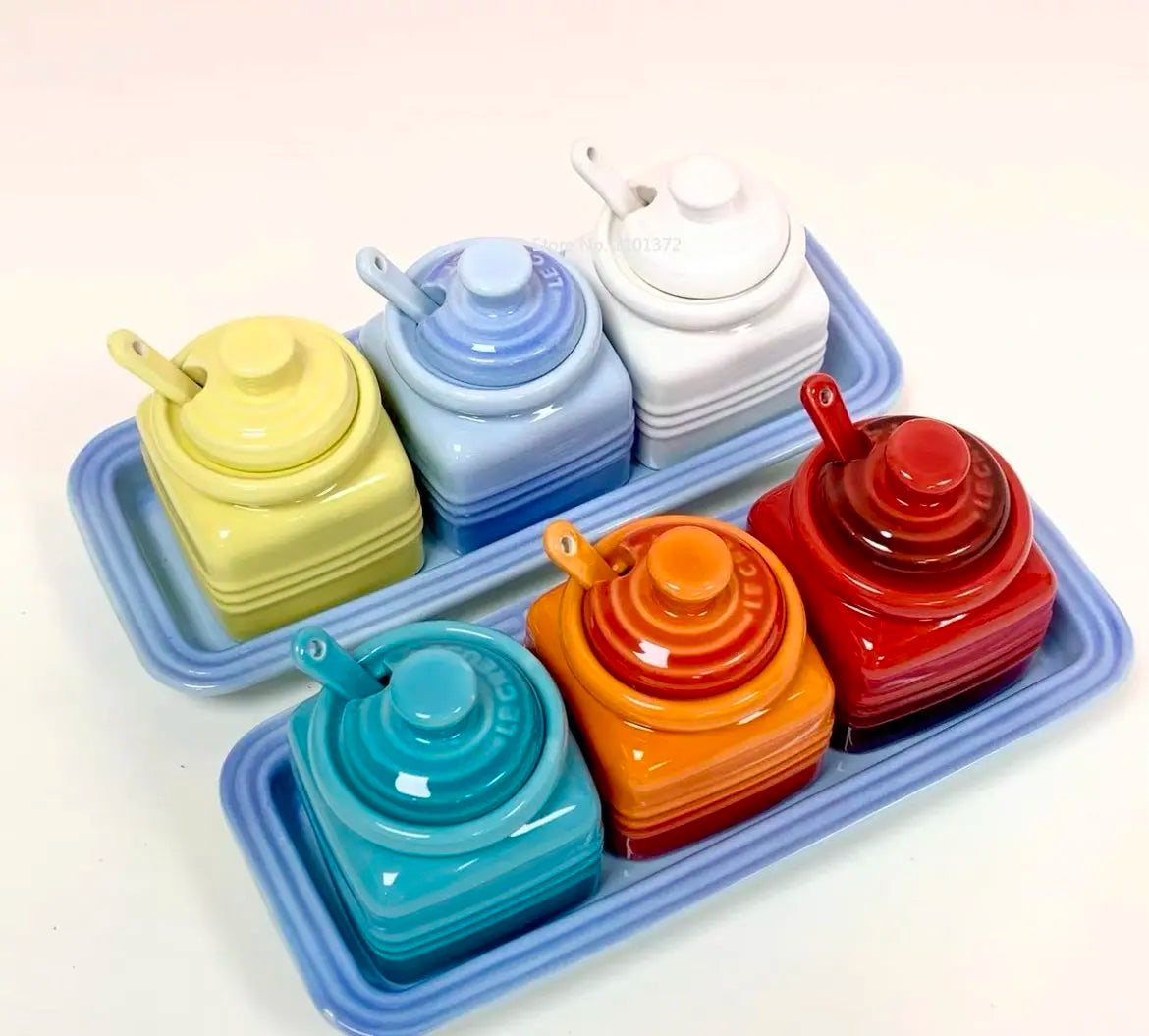 European Style Kitchen Spice Organizer Creative Ceramic Spice Jar with Spoon Gift Box Set Jam Storage Jar with Lid Spice Rack