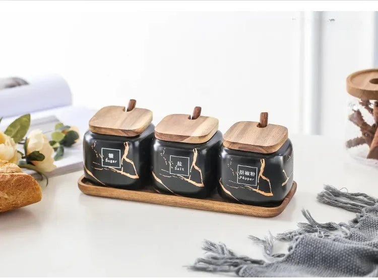 Japanese kitchen matte seasoning jar set, marble ceramic household combination seasoning box, salt and sugar, seasoning bottle.