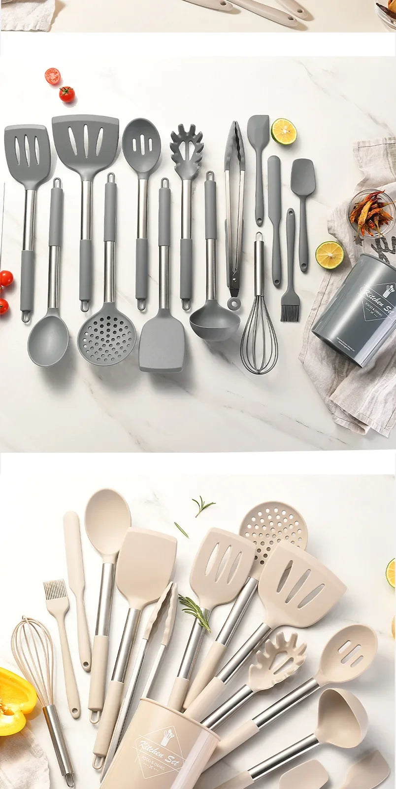 15Pcs Silicone Kitchen Utensils Non-Stick Spatula Shovel Cooking Tool Stainless Sttel Handle Kitchenware Set with Storage Bucket