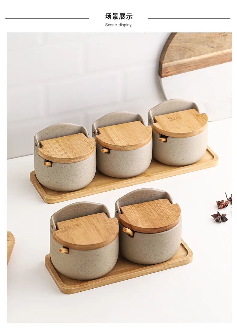 Ceramic Seasoning Jars with Wooden Lid Salt Shakers Kitchen Supplies White Spice Organizer Canister Spoon Set White Sugar Box