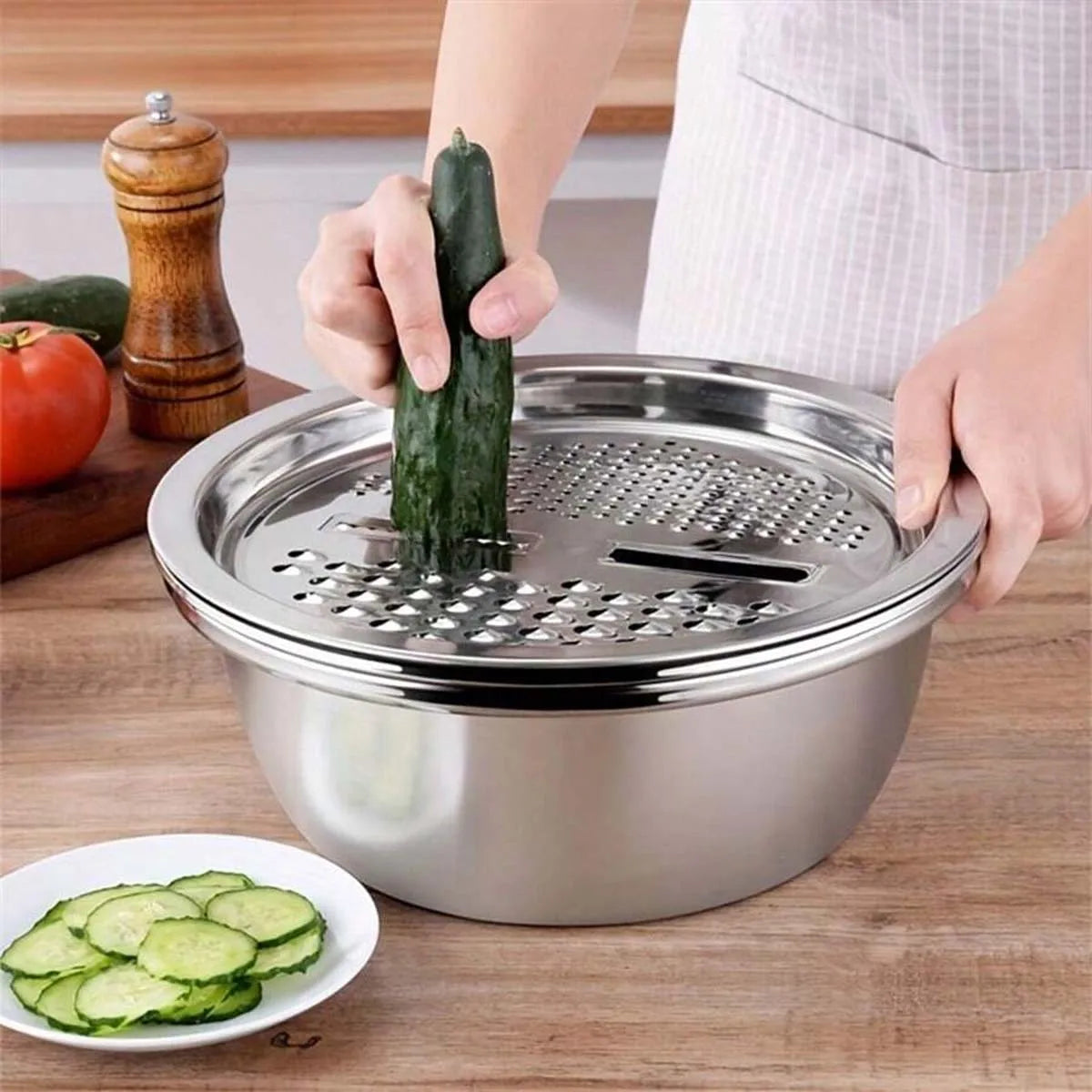 Stainless Steel Kitchen Tool 3-Piece Set With Integrated Grater Multifunctional Strainer And Mixing Bowl For Slicing Vegetables