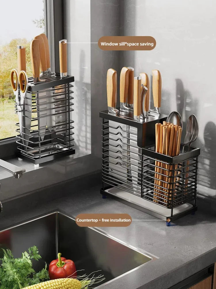 Kitchen Knife Holders Storage Rack Household Stainless Stee Countertop Knife Spoon Chopstick Holder With Drain Tray